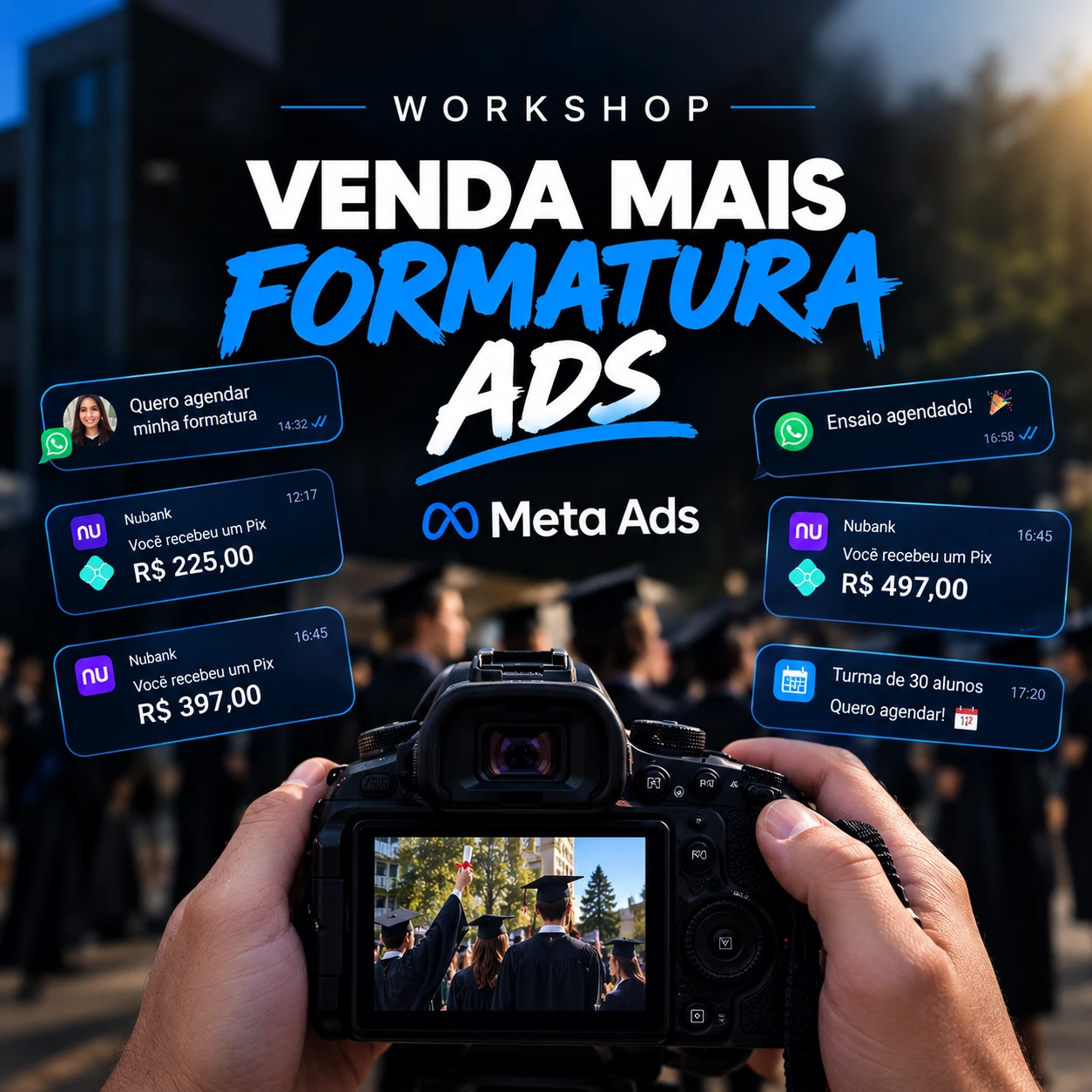 Capa do Workshop Venda Mais Formatura Ads: fotógrafo segurando a câmera em uma formatura, com notificações de WhatsApp e Pix